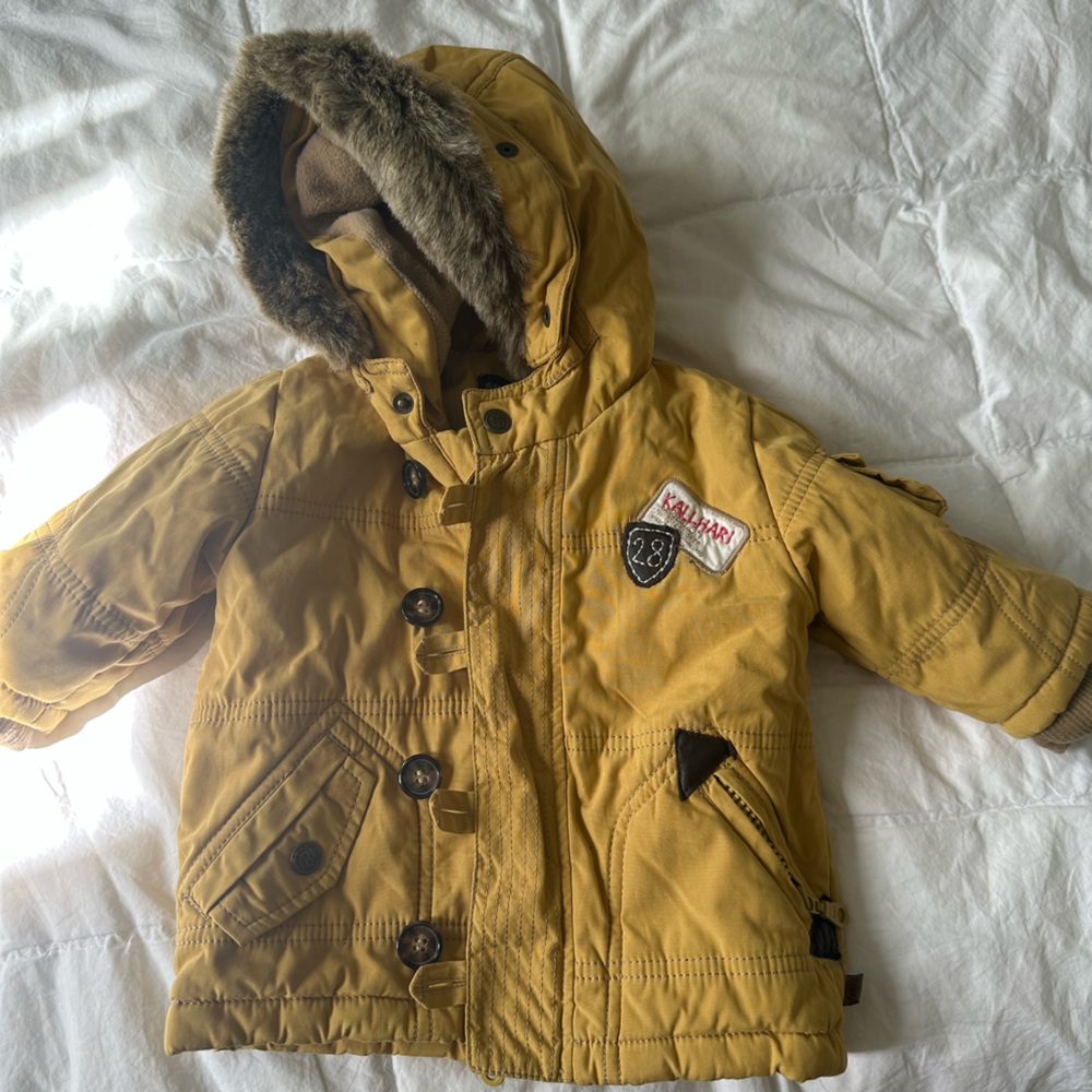 Mustard hooded Jacket with Fur Trim 3 months by French Designer